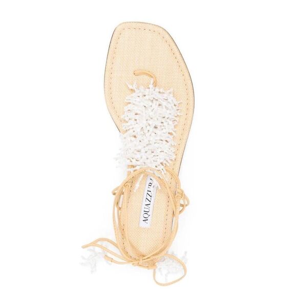 Aquazzura Panarea White Coral Beaded Tie Ankle Flat Sandals Size 37 - Picture 2 of 11